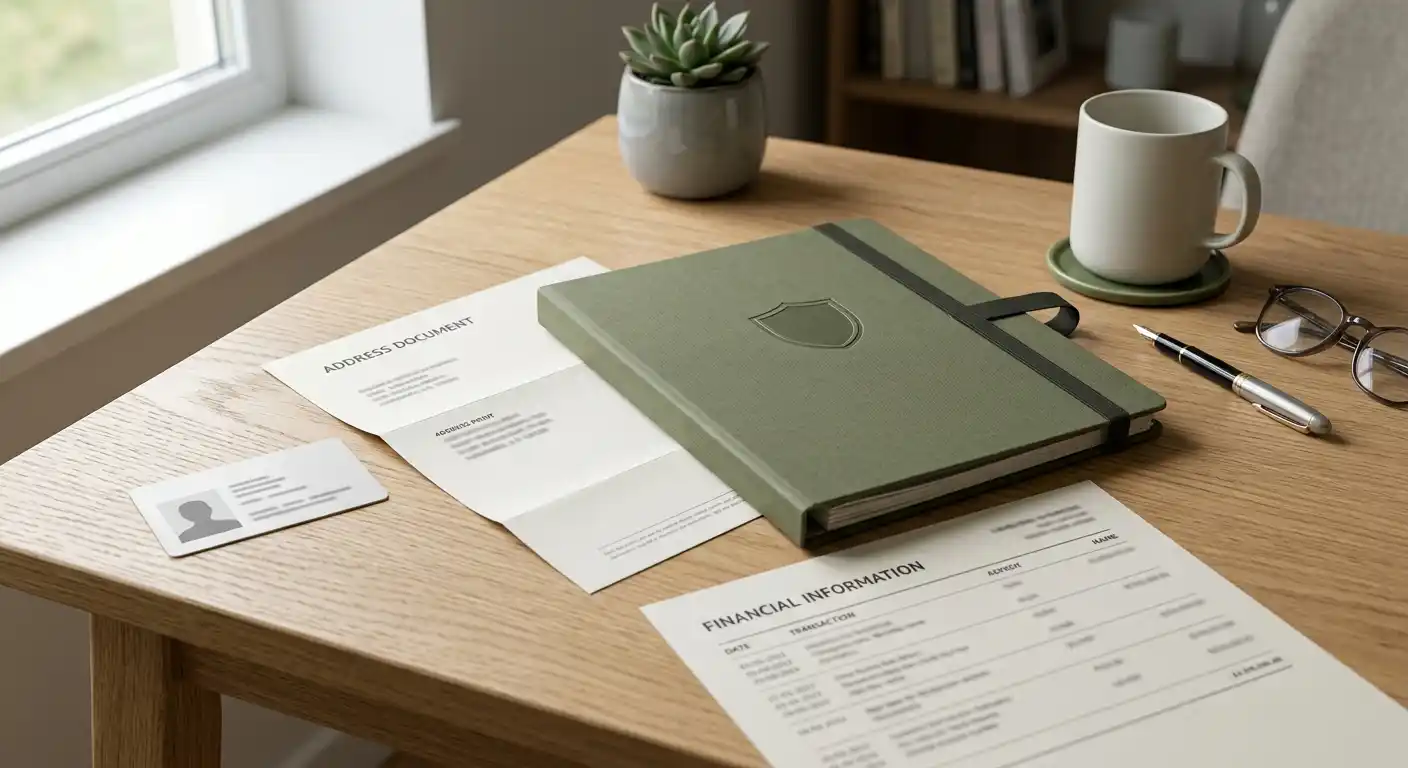 Illustration af KYC-kontrol med ID, adressebevis og økonomiske dokumenter