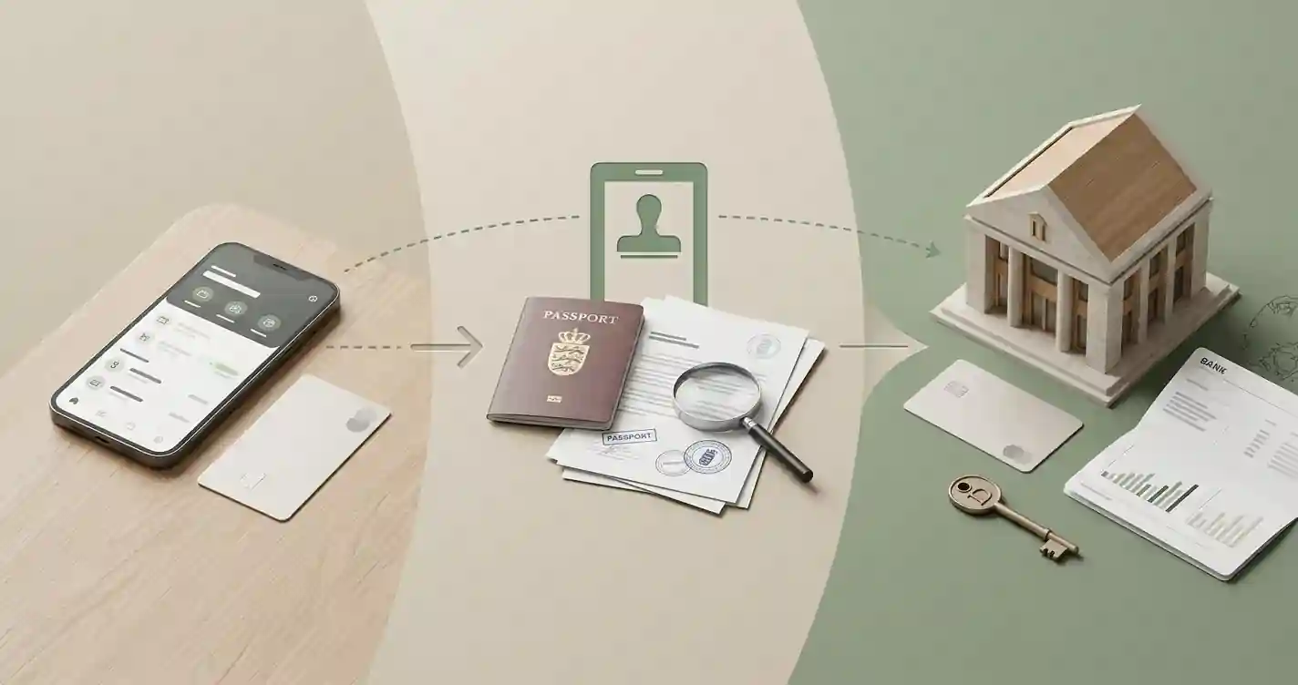 Illustration af udbetalingsforløb fra spillerkonto gennem verificering til bankkonto