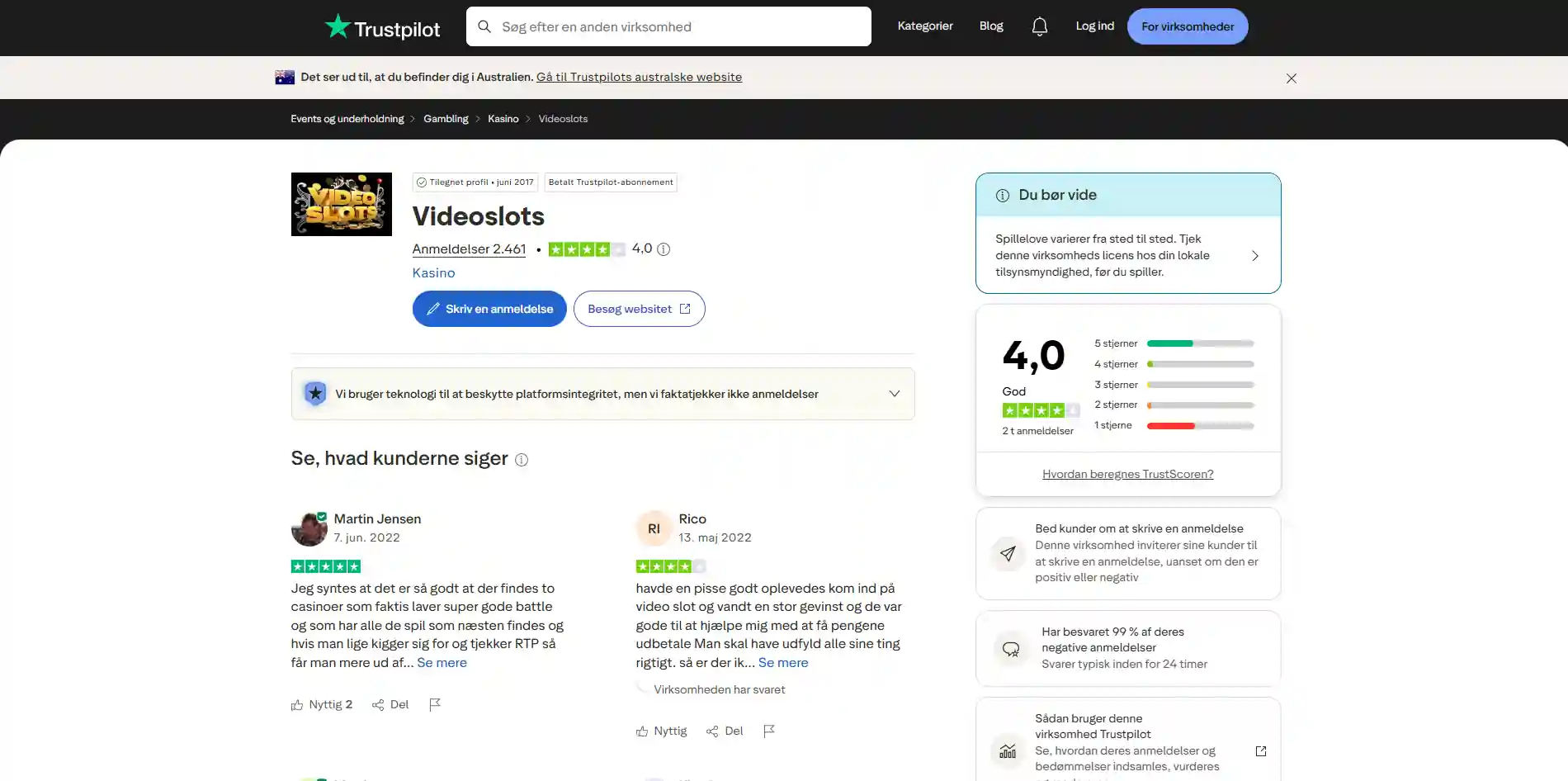 Videoslots på dansk Trustpilot med samlet bedømmelse og antal anmeldelser